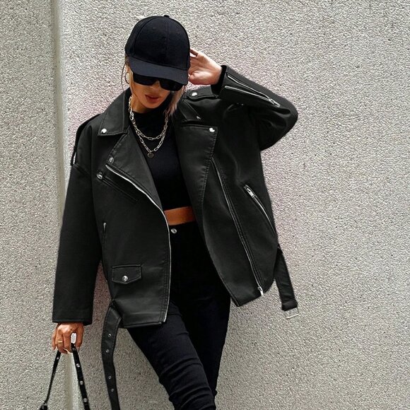 Jackets & Blazers - Black Casual Women's Zip Up Flap Detail Belted Moto Jacket